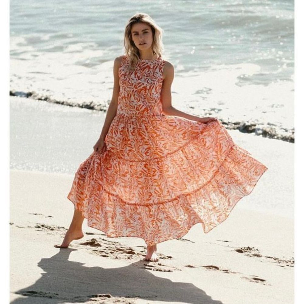 Eywasouls‎ Malibu Lisa Dress Orange Floral Tiered Maxi Coverup size XS/S